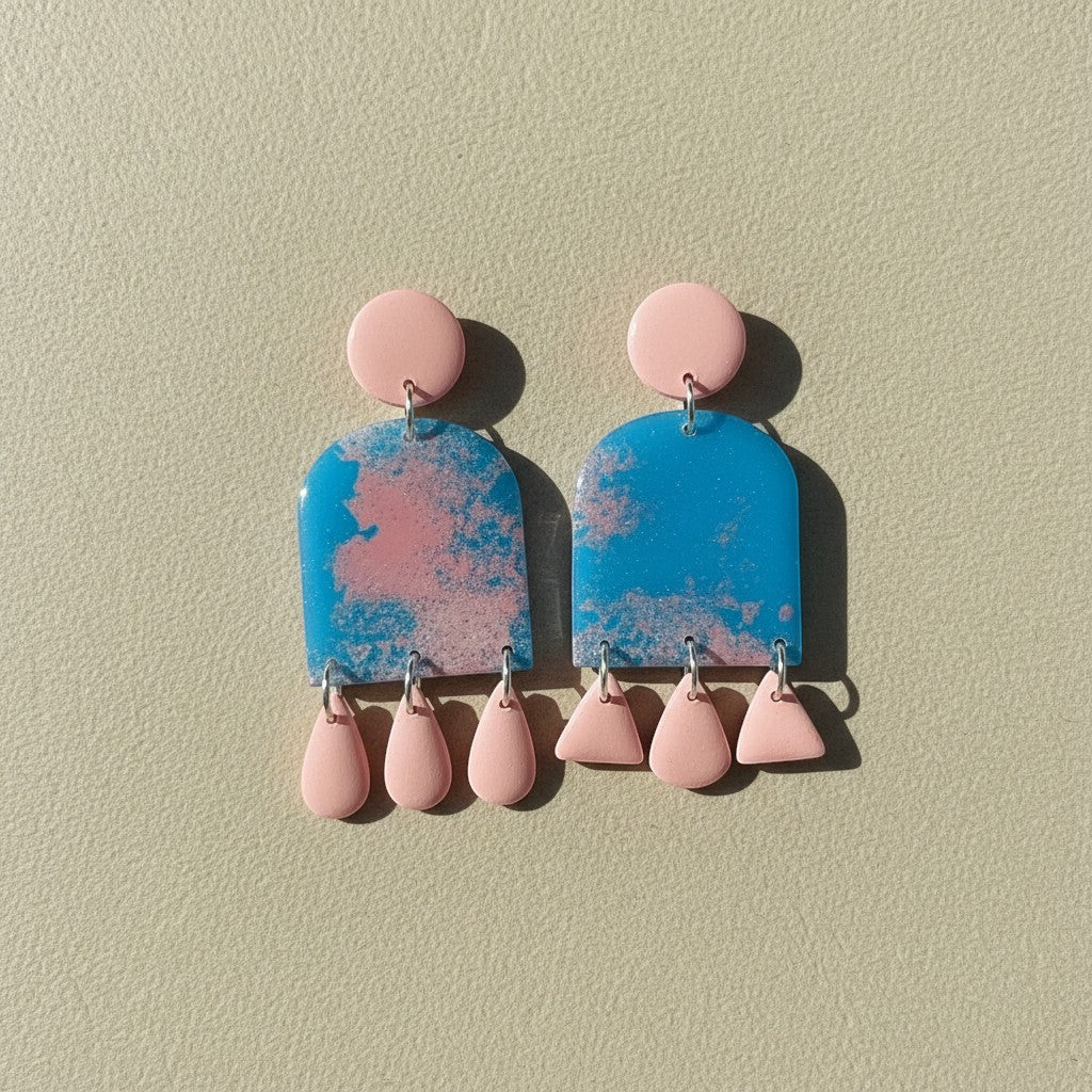 Lakelynns Designs blue marbled polymer clay arch dangle earrings with pink teardrop accents.