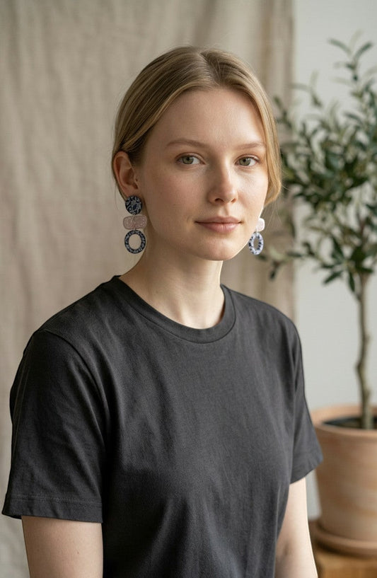 Lakelynns Designs blue & glitter white abstract geometric statement earrings with navy circles and pastel glitter rectangles.