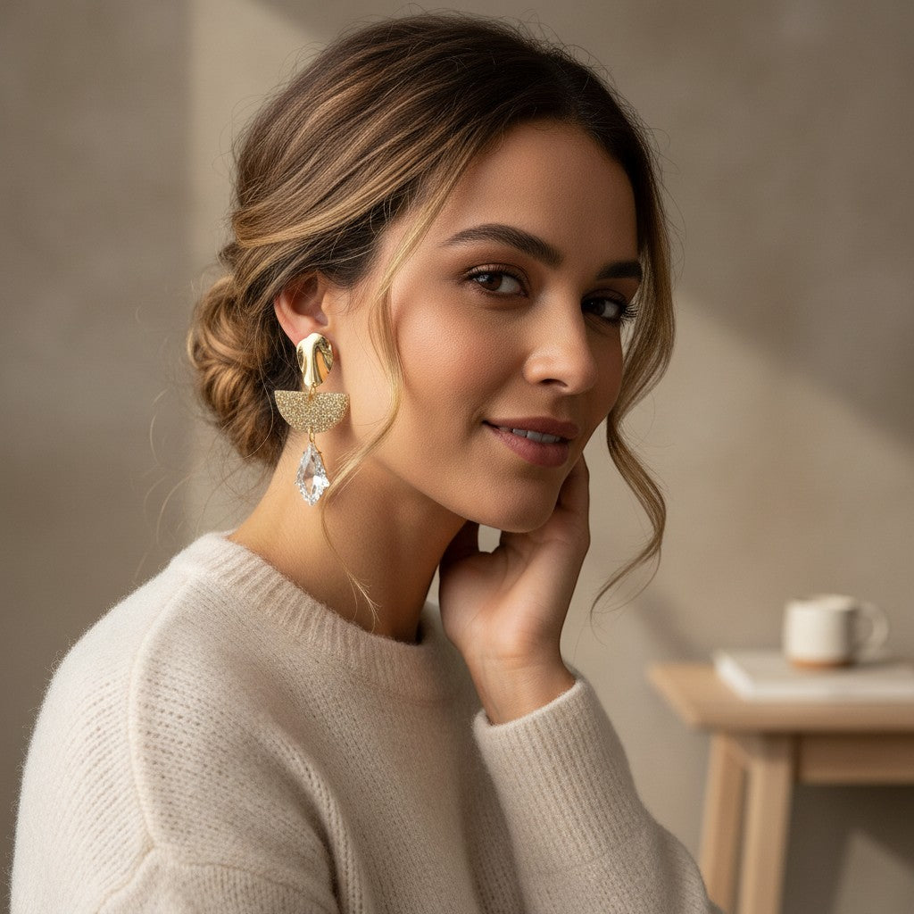 Lakelynns Designs geometric statement earrings with gold abstract top, glitter resin half-moon, and clear crystal charm.