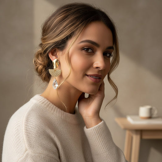 Lakelynns Designs geometric statement earrings with gold abstract top, glitter resin half-moon, and clear crystal charm.