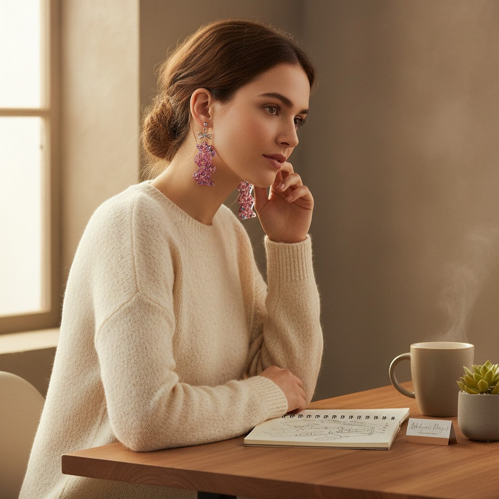 Lakelynns Designs pink, purple, blue glitter zigzag earrings with silver bow accent.