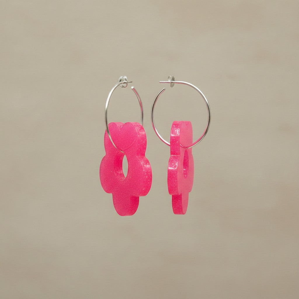 Lakelynns Designs hot pink acrylic flower hoop earrings with retro design.