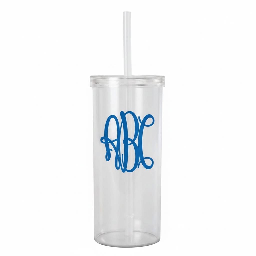 Lakelynns Designs clear acrylic tumbler with blue monogram and straw. Perfect for cold drinks.