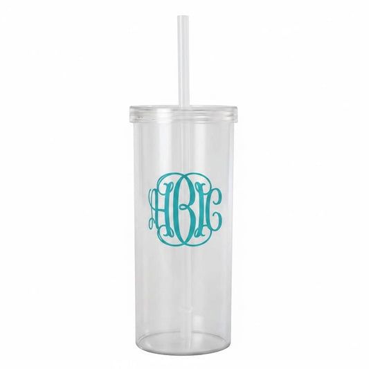 Lakelynns Designs clear acrylic tumbler with teal monogram and straw. Perfect for cold drinks.