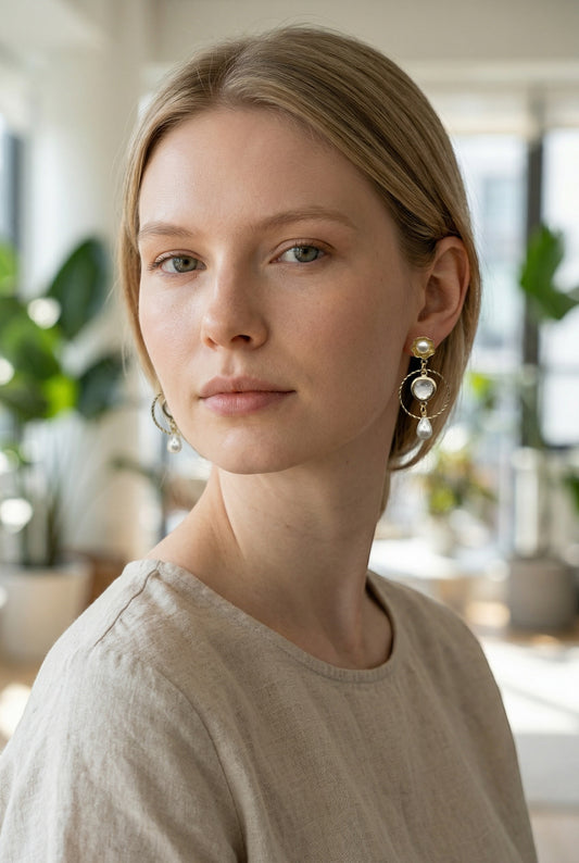 Lakelynns Designs Waverly pearl and crystal hoop earrings with floral accents and a teardrop pearl.