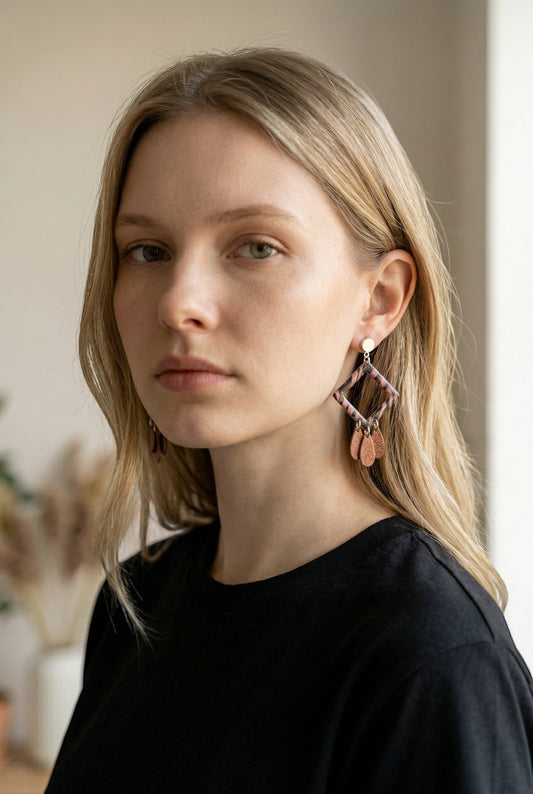 Lakelynns Designs Remy Rhombus Shape Dangle Earrings with pink and brown stripes and copper teardrop charms.