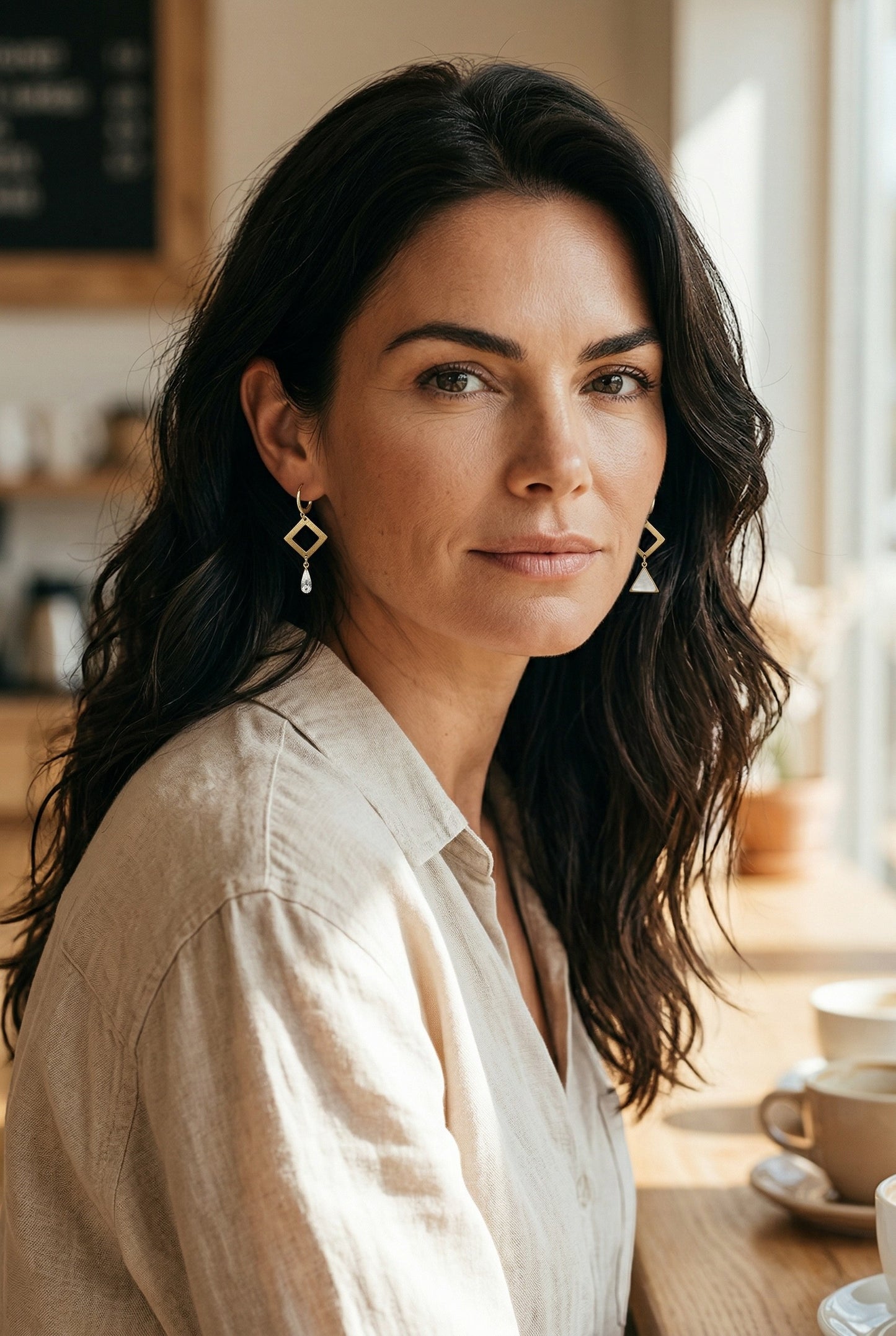 Lakelynns Designs Selene asymmetrical geometric hoop earrings with diamond shape, crystal drop, and mother-of-pearl inlay.