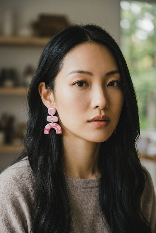 Lakelynns Designs Abstract Floral Arch Earrings in pink resin with stacked arch design and floral accents.