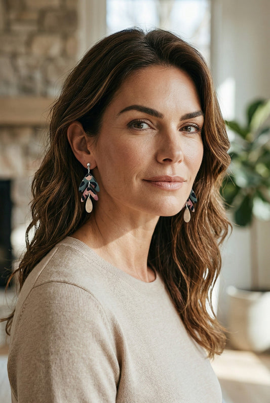 Lakelynns Designs abstract leaf dangle earrings in teal, rose, and black with champagne teardrop charm.
