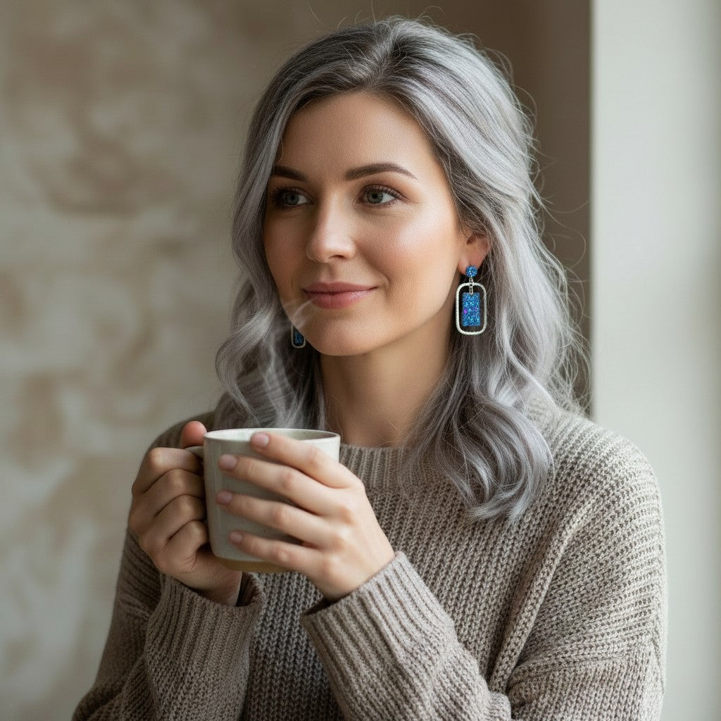 Lakelynns Designs Annelise blue glitter statement earrings with silver frame, worn by a woman with grey hair holding a mug.