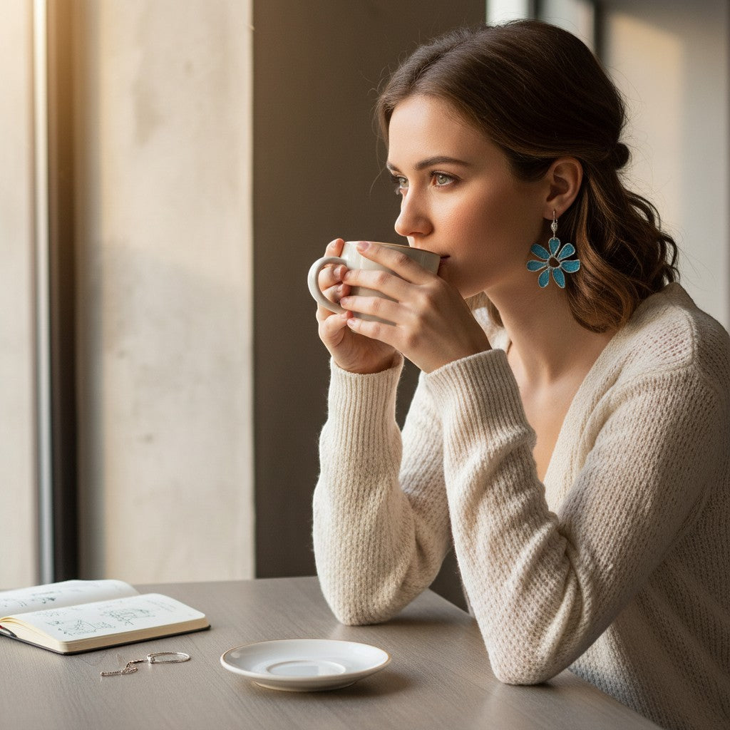 Lakelynns Designs blue flower dangle earrings with silver-tone outlines, worn by a woman drinking coffee.