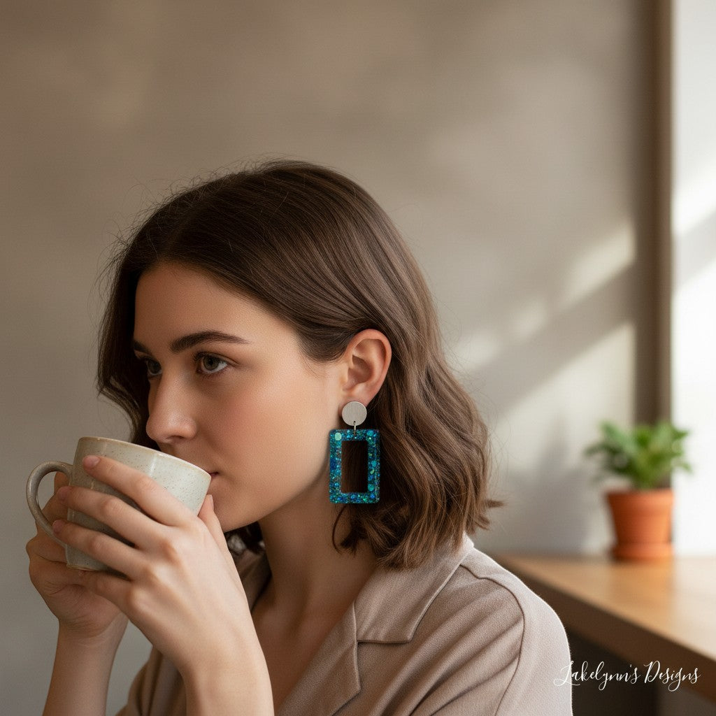 Lakelynns Designs blue and teal glitter rectangular drop earrings with silver stud.