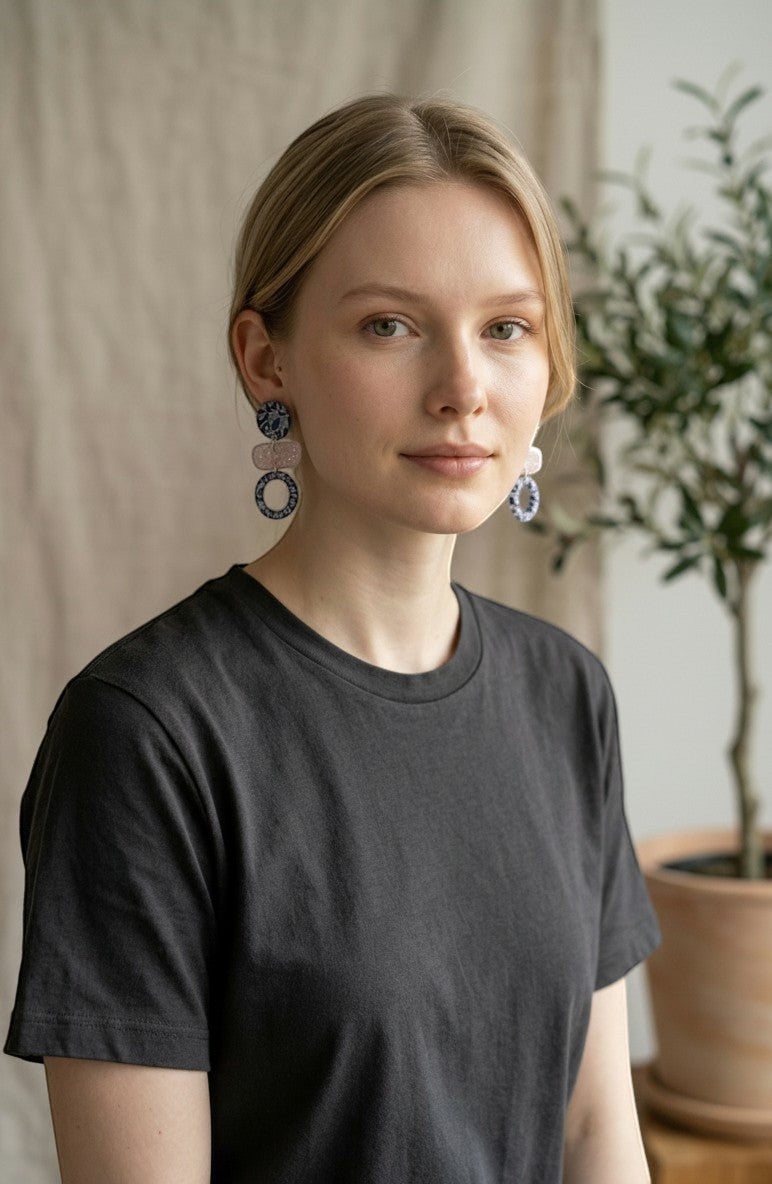 Lakelynns Designs blue & glitter white abstract geometric statement earrings with navy circles and pastel glitter rectangles.