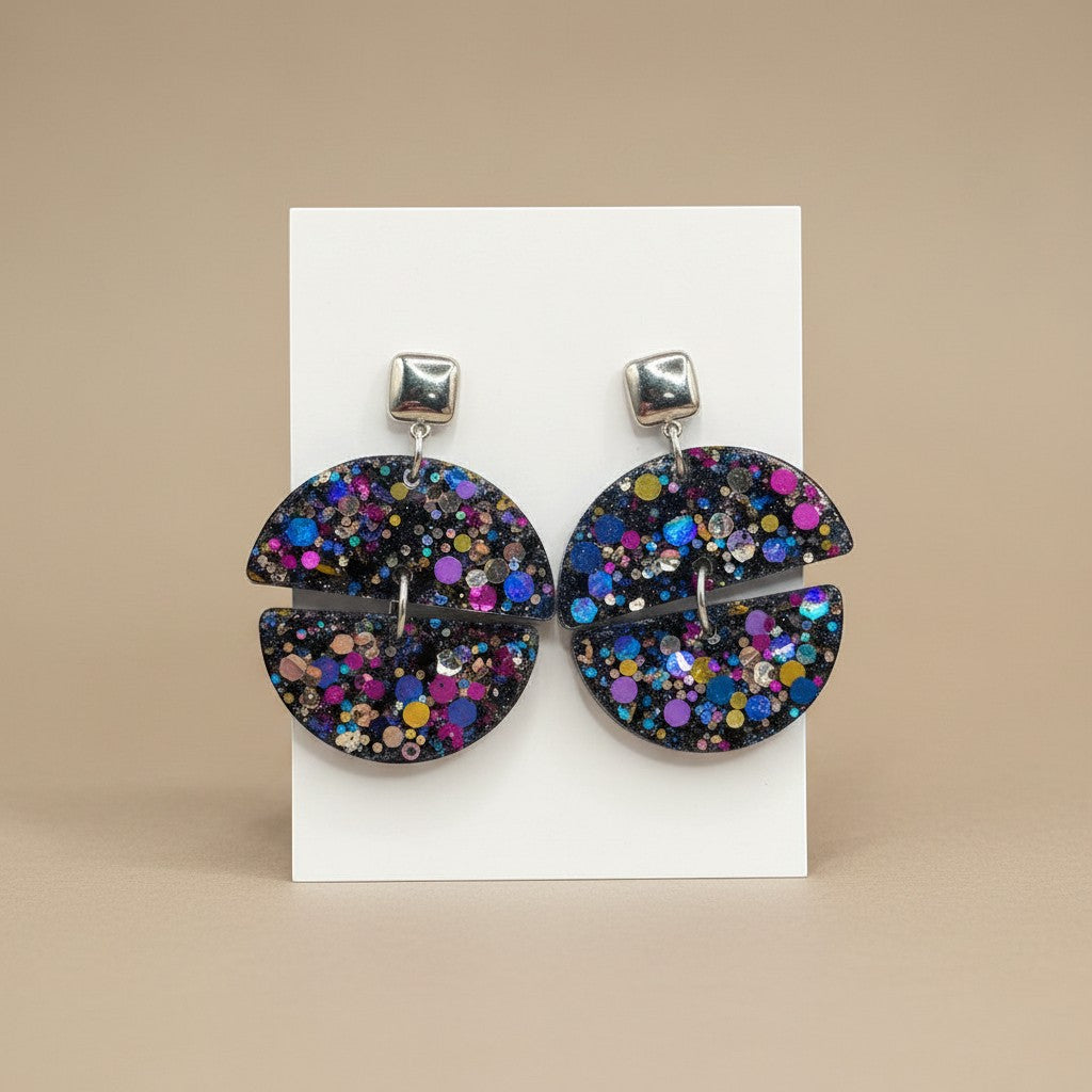 Lakelynns Designs Cecilia Glitter Hoop Earrings with iridescent glitter in clear resin and silver-tone square studs.