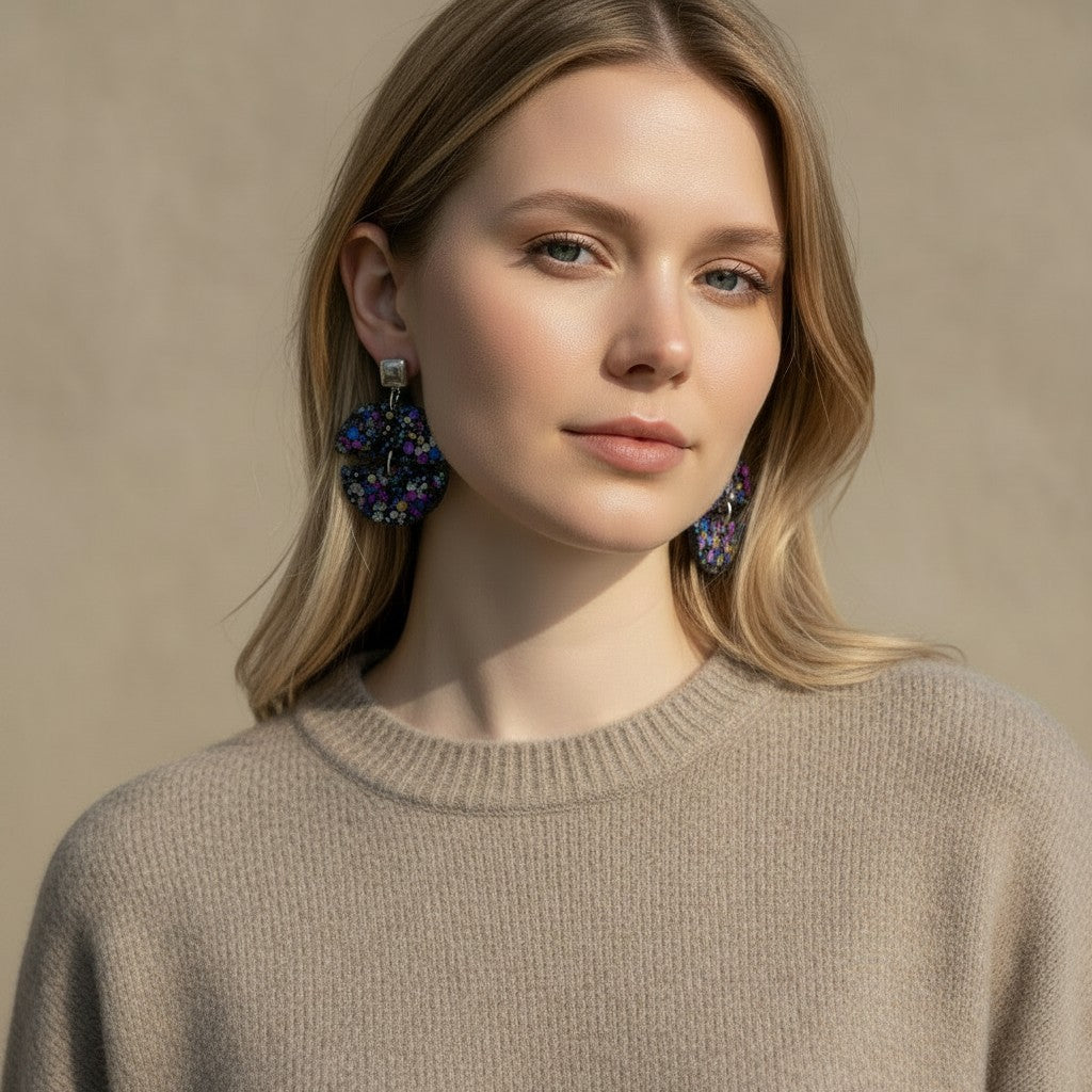 Lakelynns Designs Cecilia statement earrings with colorful glitter accents and a square stud.