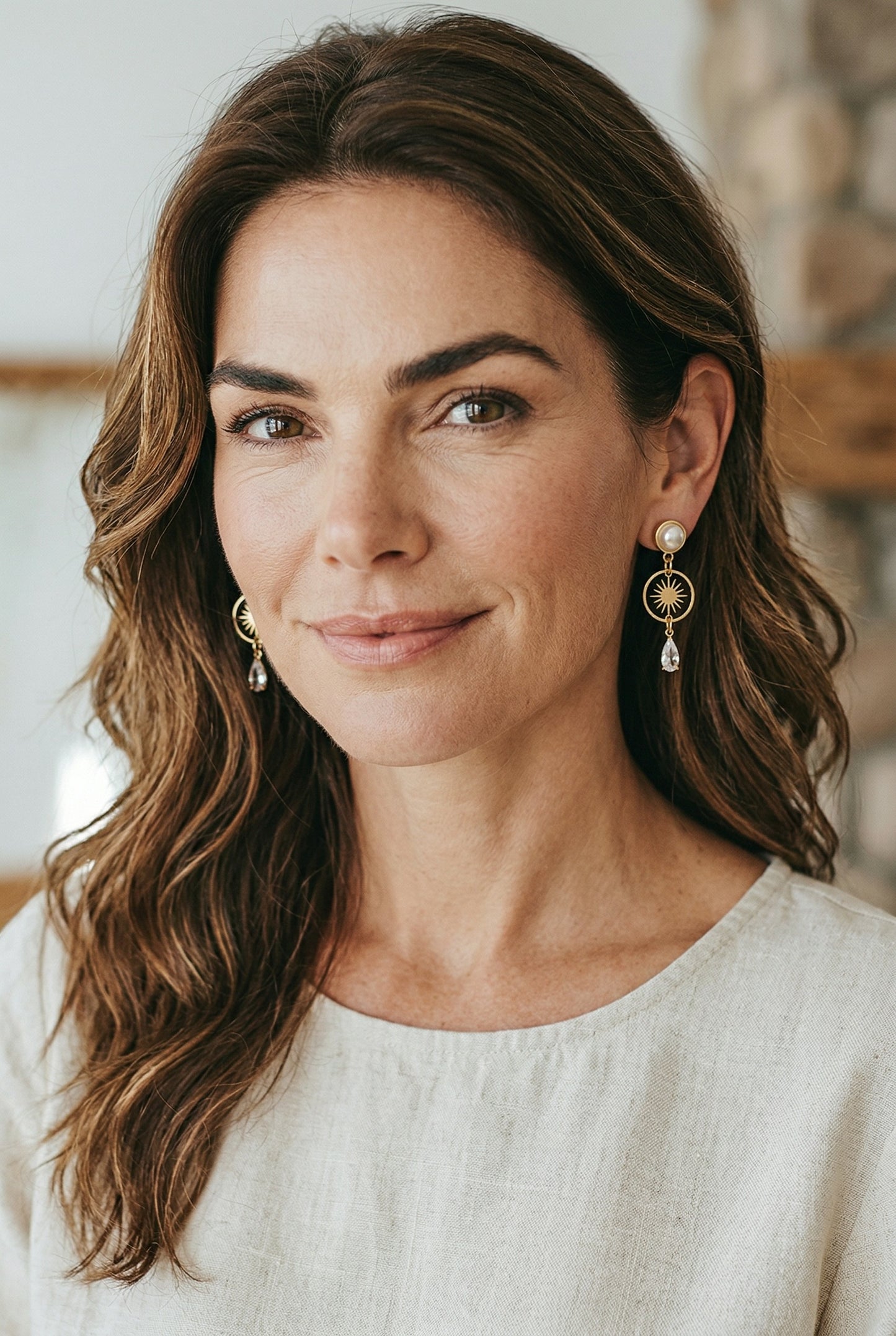 Lakelynns Designs Madeline Celestial Drop Earrings: pearl top, gold starburst charm circle, crystal teardrop.