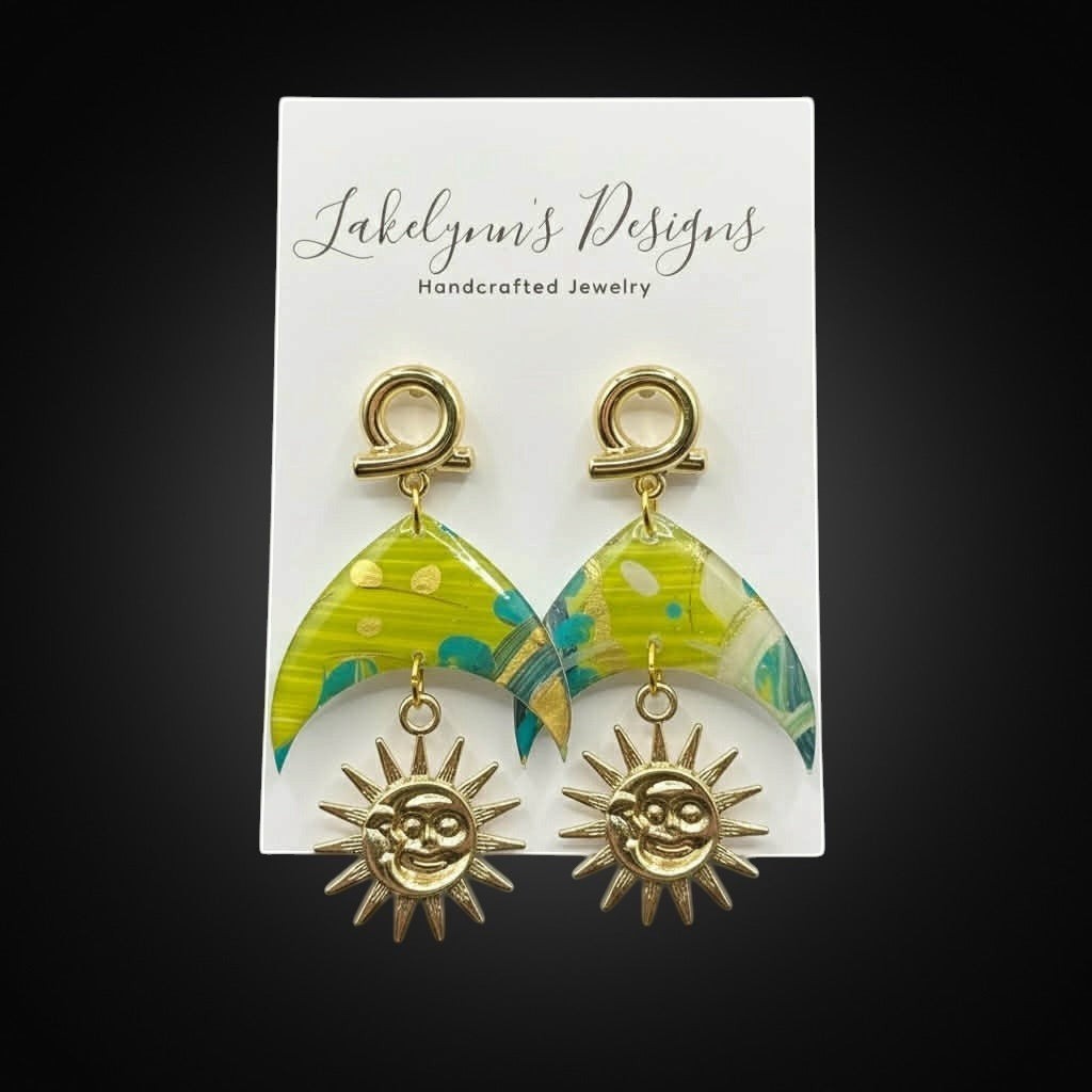 Lakelynns Designs lime green and teal marbled polymer clay earrings with gold sun charms.