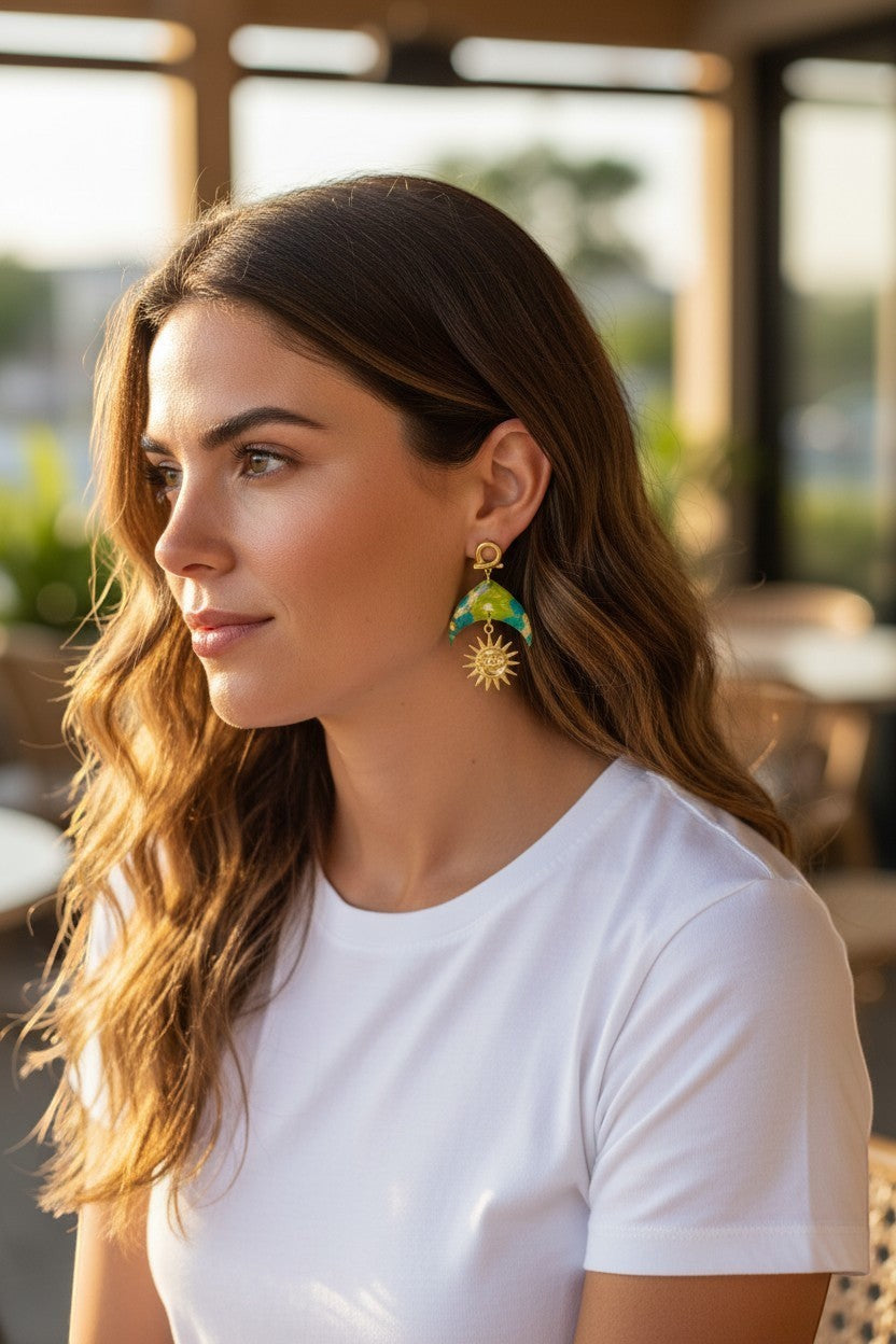 Lakelynns Designs Celestial Sun Dangle Earrings with marbled lime green, teal, gold polymer clay and gold sun charm.