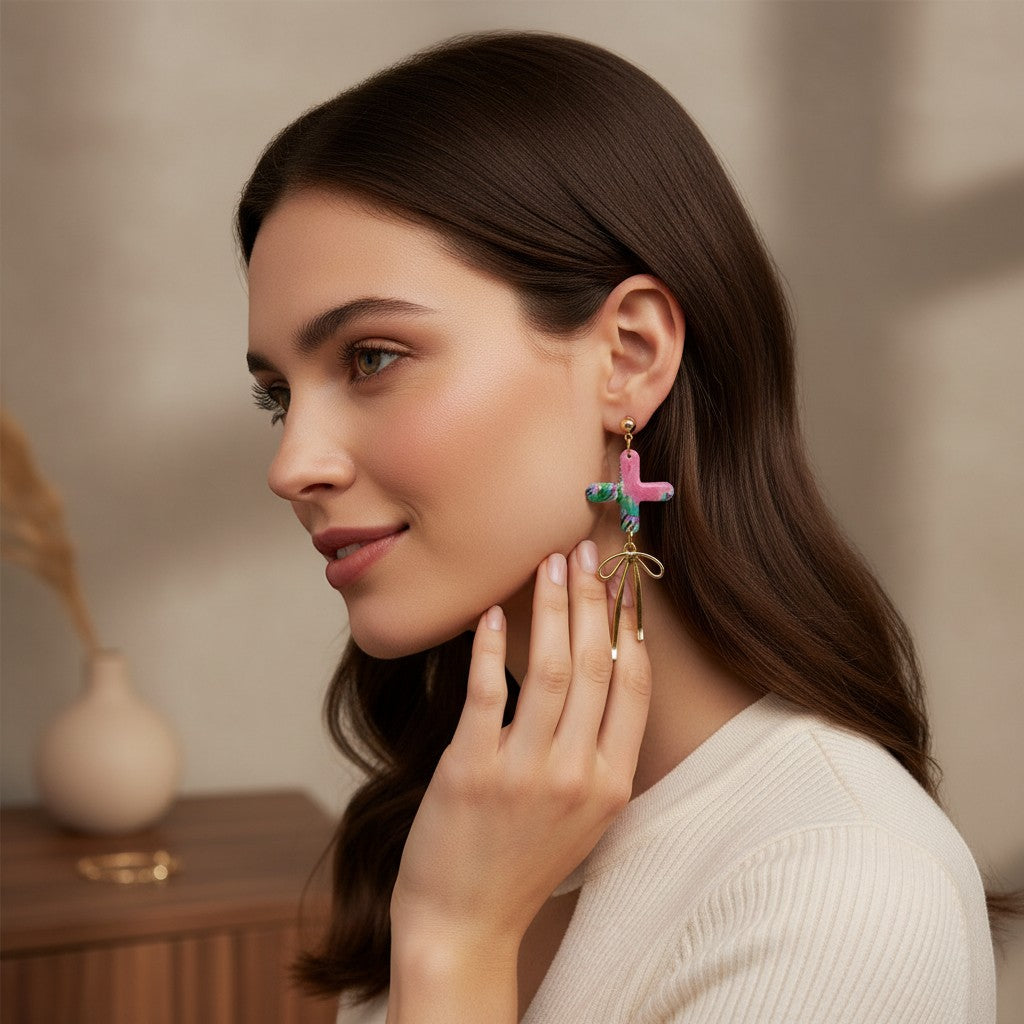 Lakelynns Designs pink, green, and blue cross dangle earrings with gold bow charm.