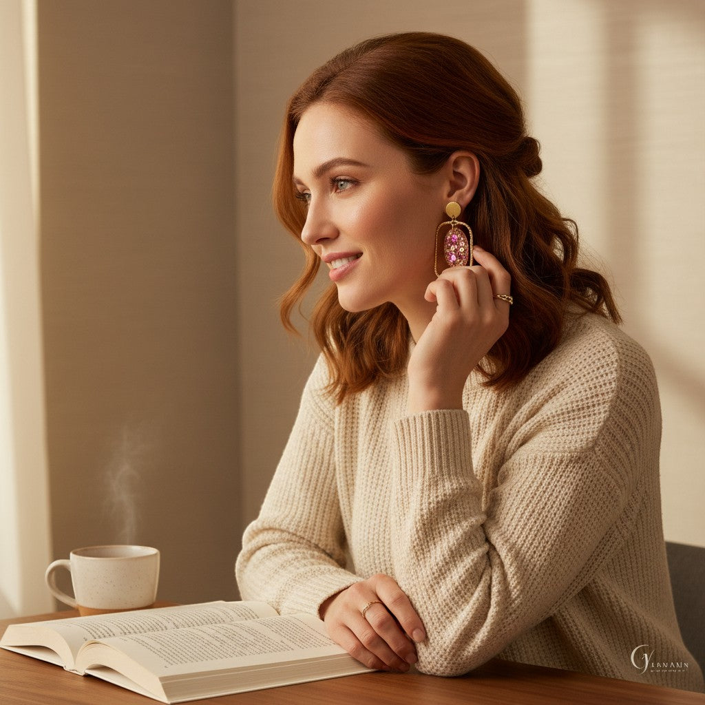 Lakelynns Designs Emilia gold earrings with pink gems, gold ring on woman's finger.
