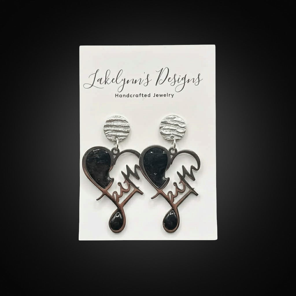 Lakelynns Designs Faith Heart Dangle Earrings: black enamel broken heart with silver-tone stud.