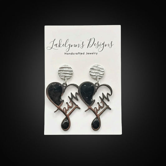 Lakelynns Designs Faith Heart Dangle Earrings: black enamel broken heart with silver-tone stud.