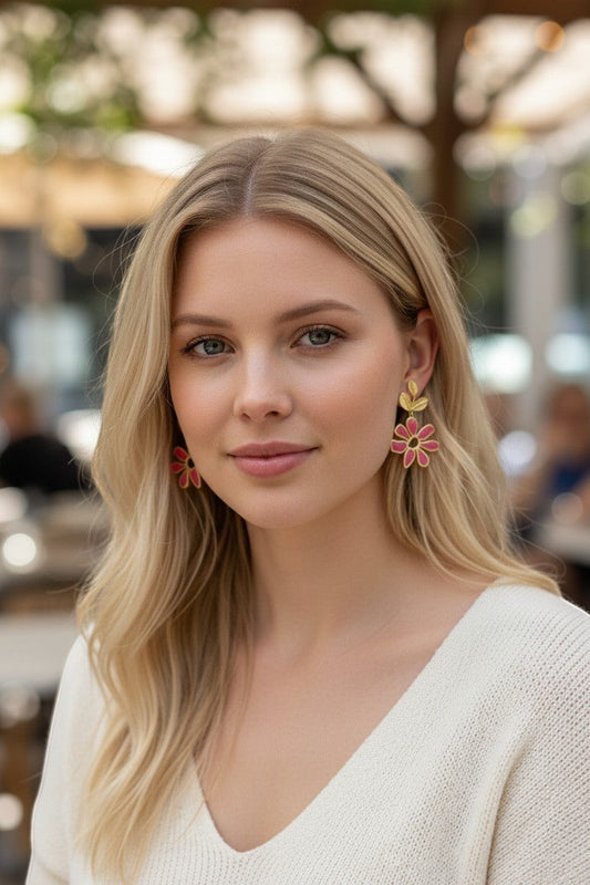 Lakelynns Designs fuchsia pink floral leaf dangle earrings with gold-tone accents. Handcrafted resin and metal alloy.