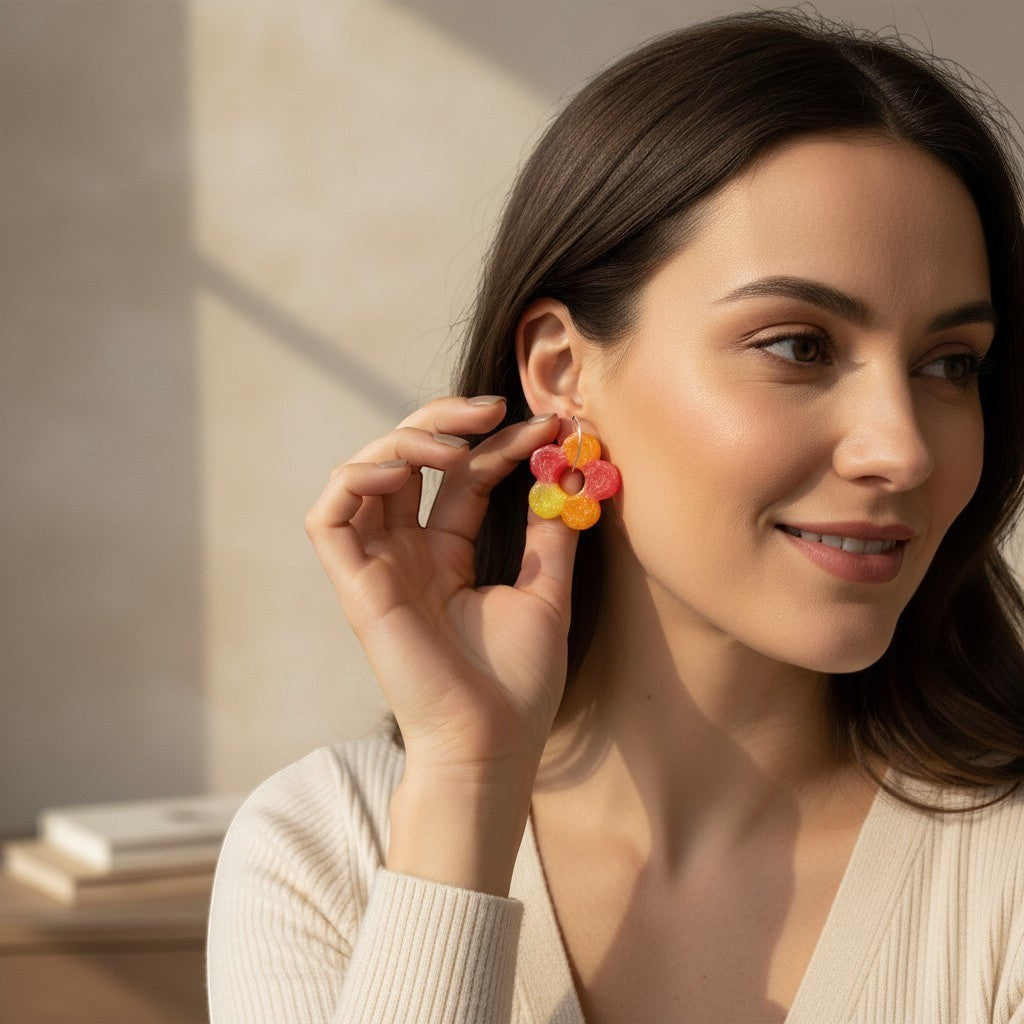 Lakelynns Designs colorful flower hoop earrings in red, orange, and yellow translucent resin with silver-tone hoops.