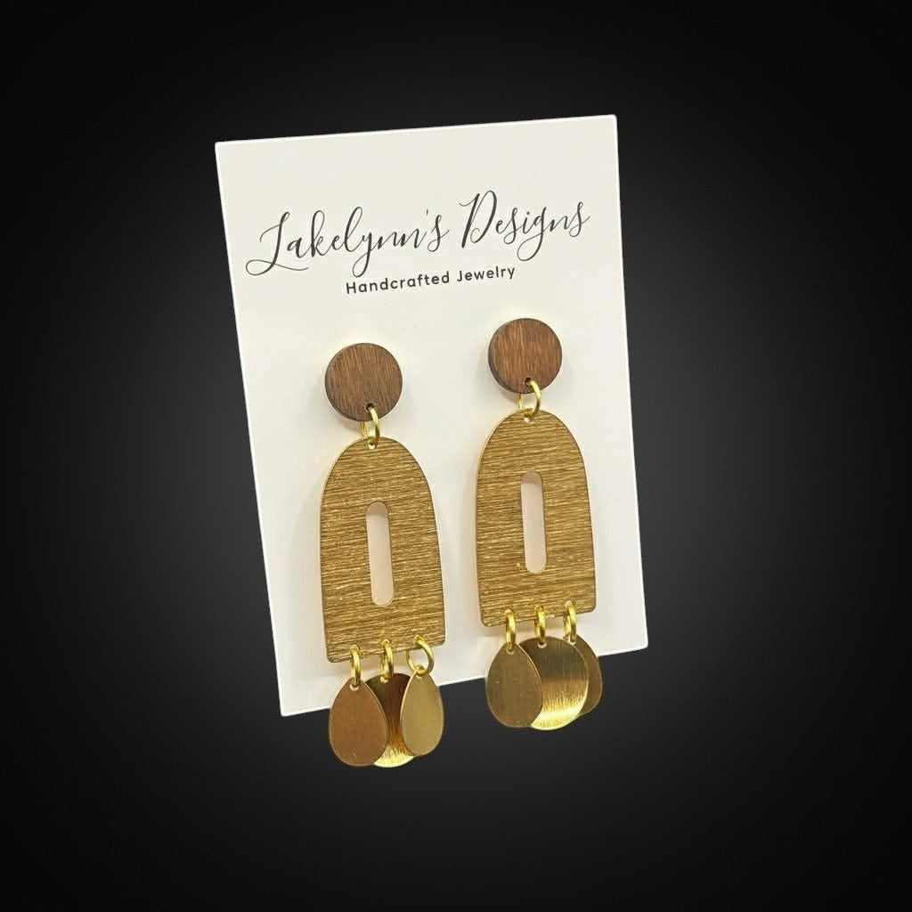 Lakelynns Designs geometric arch dangle earrings with wood accent and brass teardrops. Brushed brass.