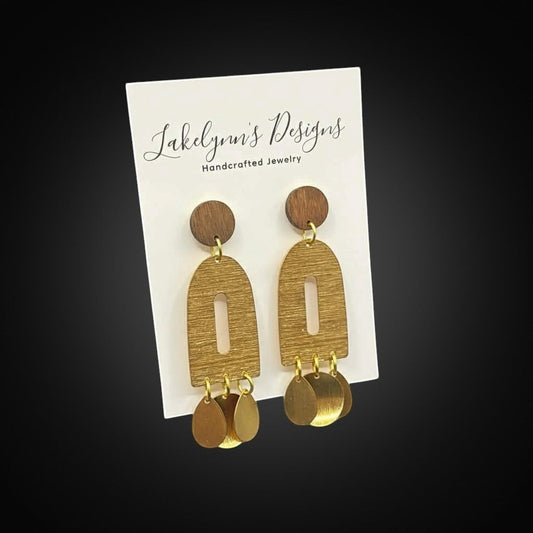 Lakelynns Designs geometric arch dangle earrings with wood accent and brass teardrops. Brushed brass.