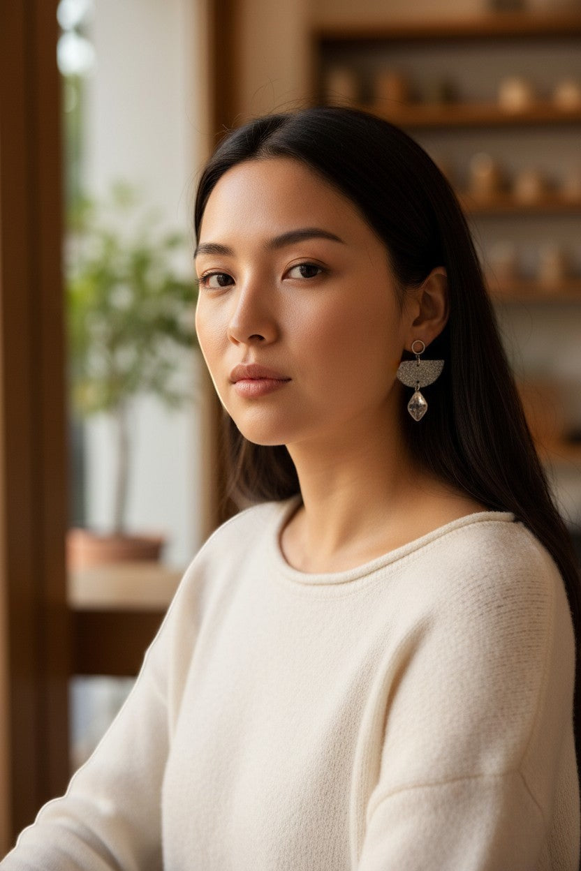 Lakelynns Designs geometric silver glitter semicircle earrings with clear faceted gemstone drop.