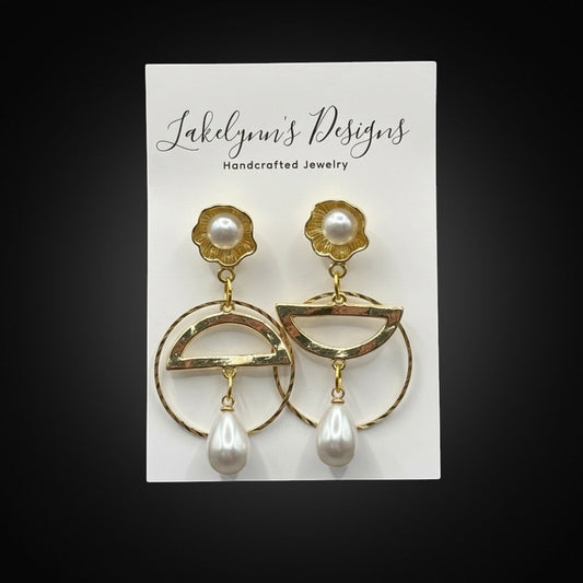 Lakelynns Designs geometric pearl drop earrings with gold-tone metal and pearl accents.