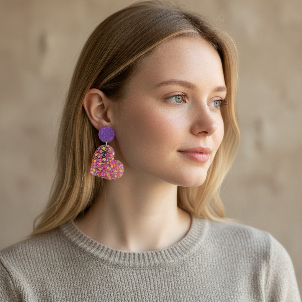 Lakelynns Designs multi-colored glitter heart dangle earrings with purple stud
