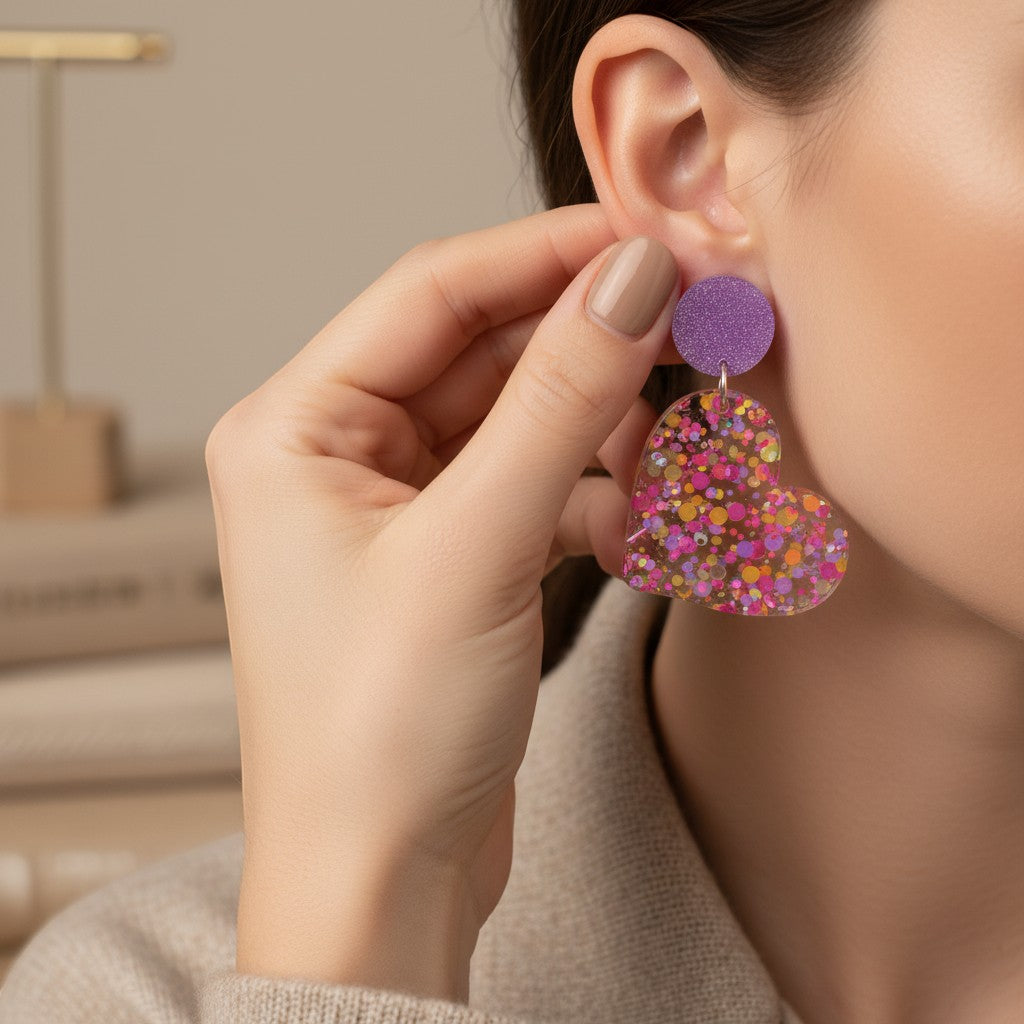 Lakelynns Designs glitter heart dangle earrings with purple stud