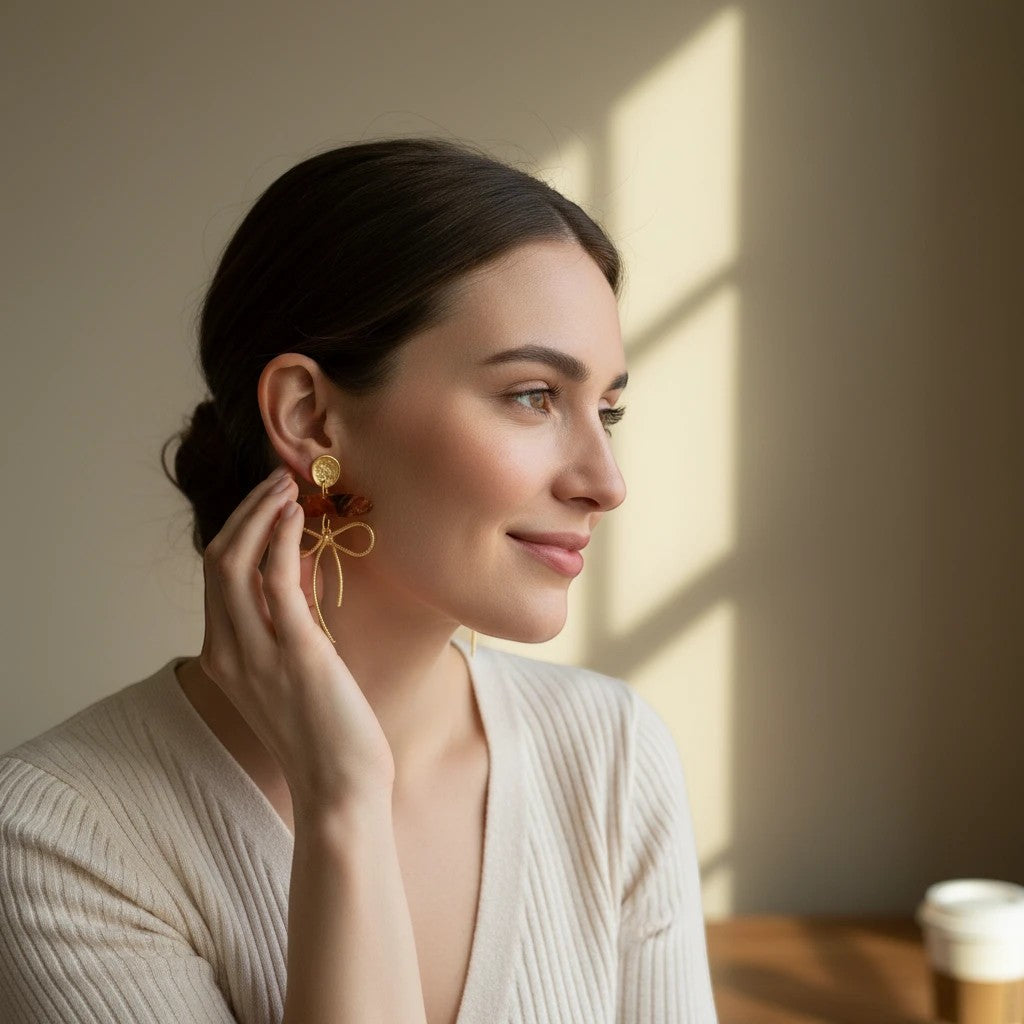 Lakelynns Designs gold bow dangle earrings with marbled acrylic bead and gold-tone stud.