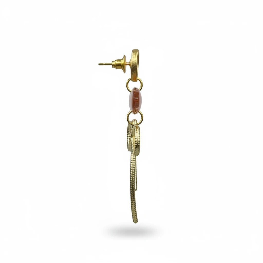 Lakelynns Designs gold bow dangle earrings with marbled bead and textured stud. Playful and elegant.