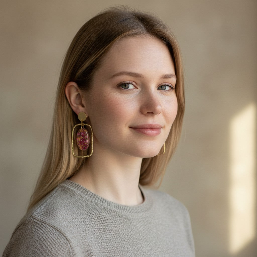 Lakelynns Designs gold geometric earrings with pink and gold glitter resin inserts. Modern, handcrafted dangle earrings.