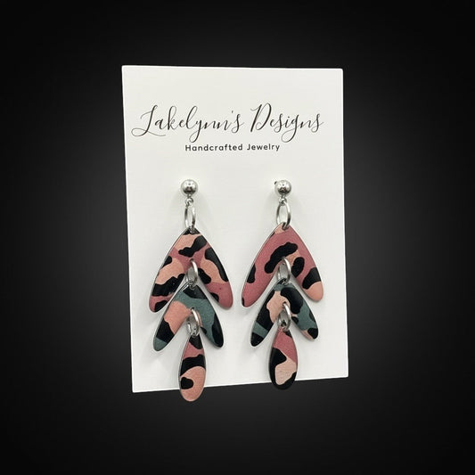 Lakelynns Designs Harlow patterned dangle earrings in muted rose, teal, and beige with layered leaf design.