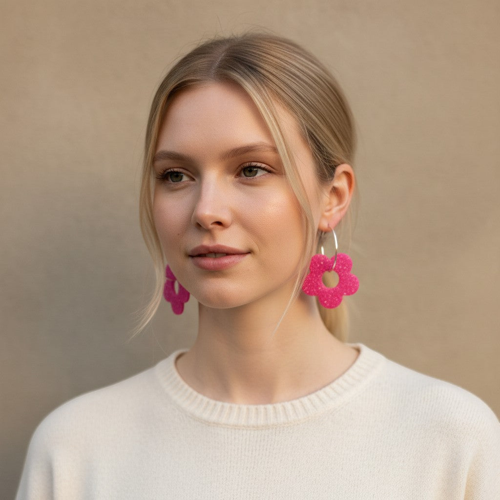 Lakelynns Designs hot pink glitter acrylic flower hoop earrings