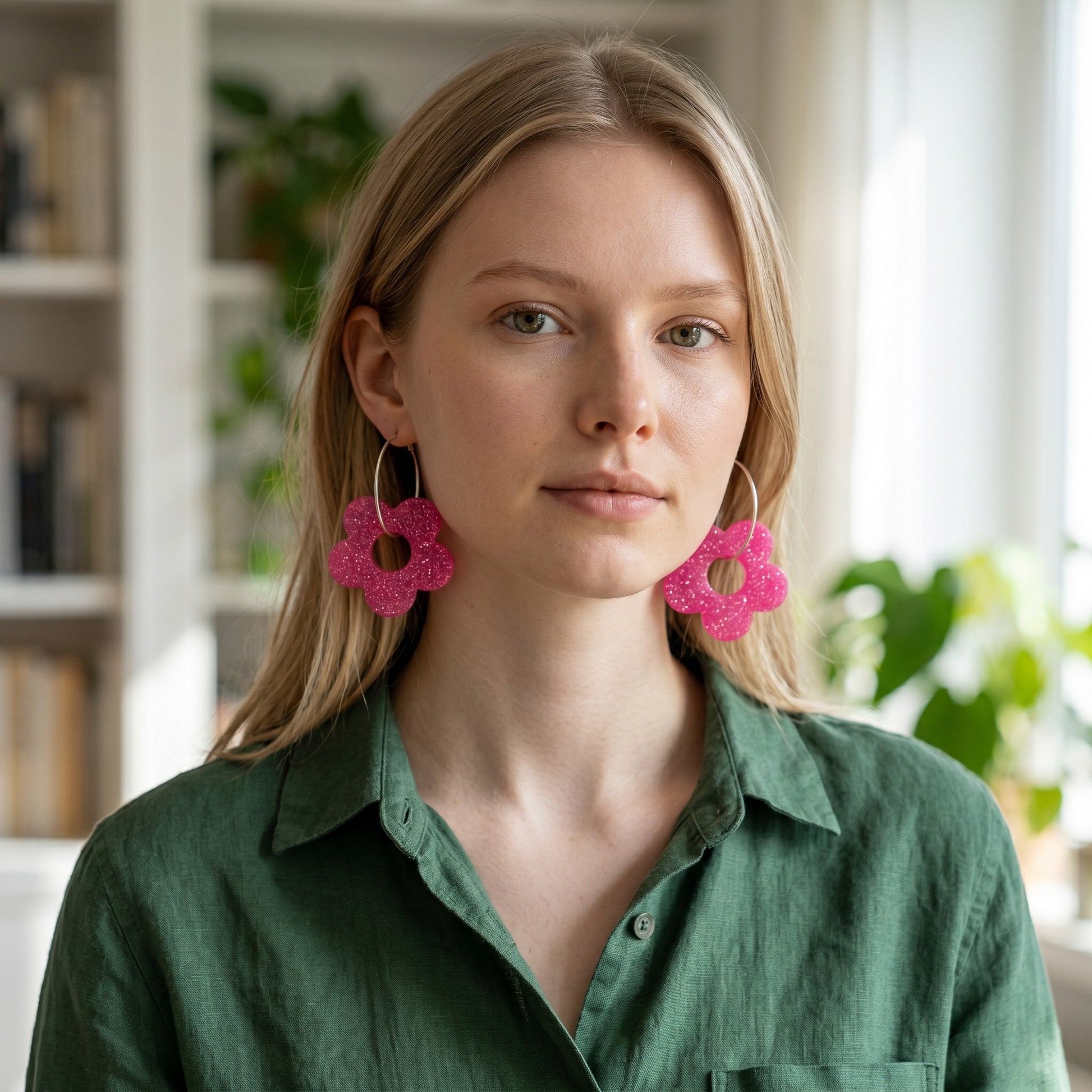 Lakelynns Designs hot pink glitter acrylic flower hoop earrings with secure closure.