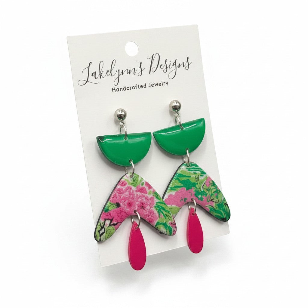 Lakelynns Designs Kenslie floral dangle earrings with green geometric tops and pink floral print.