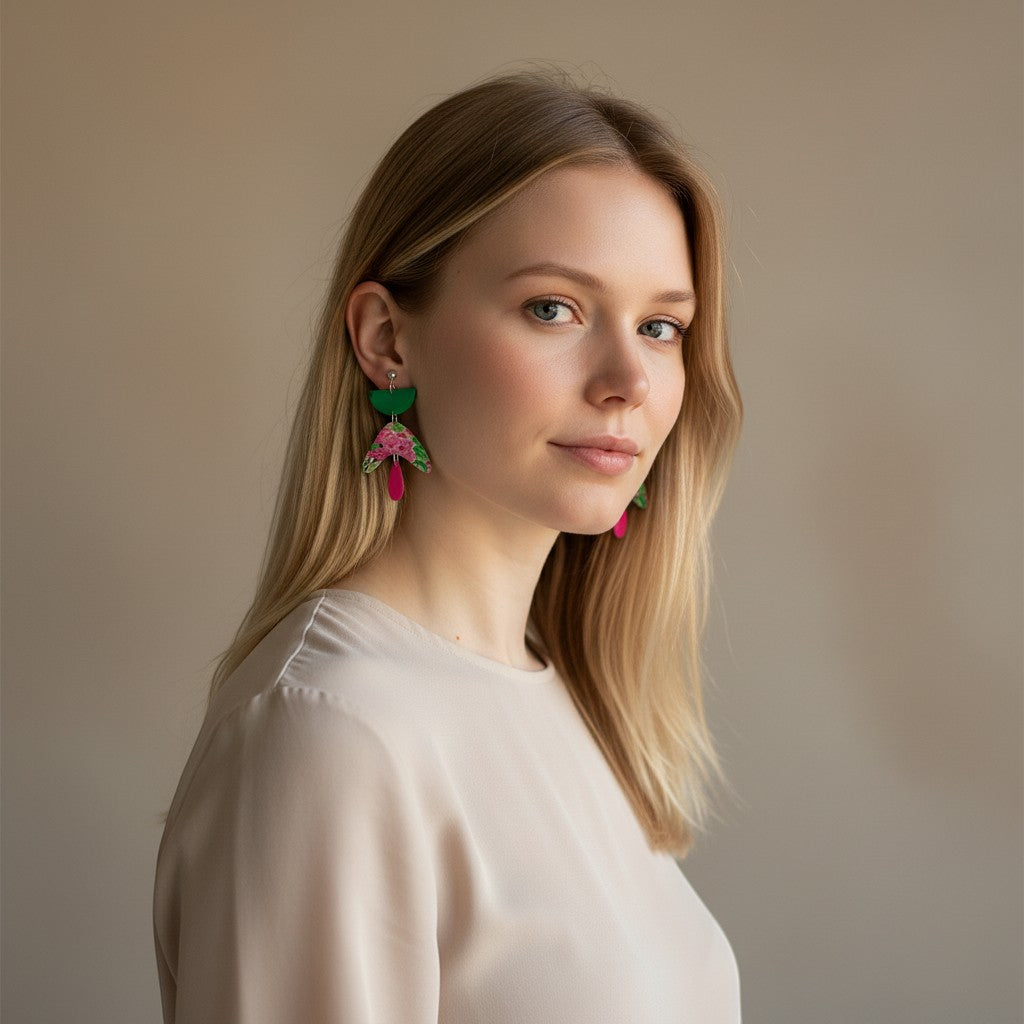 Lakelynns Designs Kenslie floral dangle earrings in green, fuchsia, and pink abstract floral print.