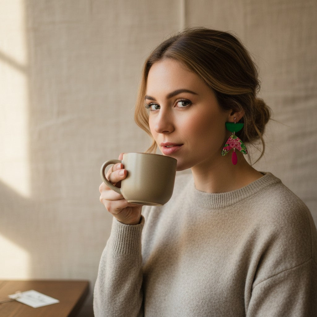 Lakelynns Designs Kenslie statement earrings with green, pink, and floral design, worn by a woman holding a mug.