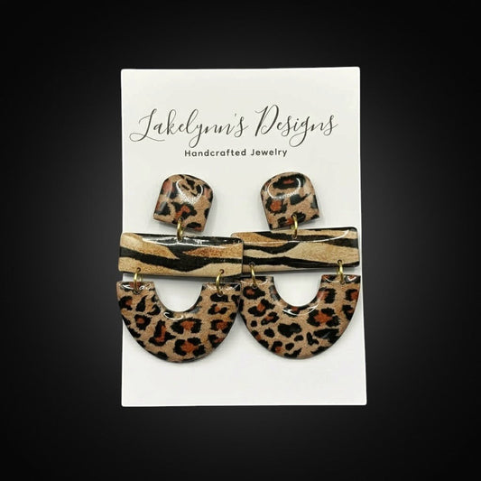 Lakelynns Designs Ella Leopard Print Statement Earrings with layered rectangular and semi-circular drops.