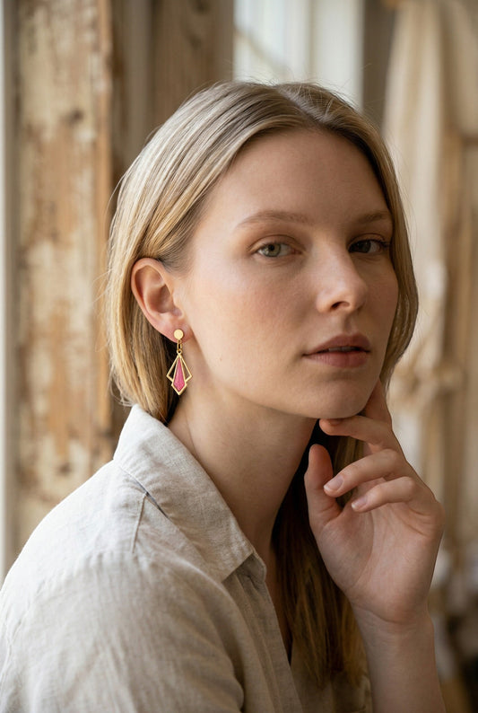 Lakelynns Designs Lila dangle earrings with gold-tone geometric frame and pink inlay. Art deco style.
