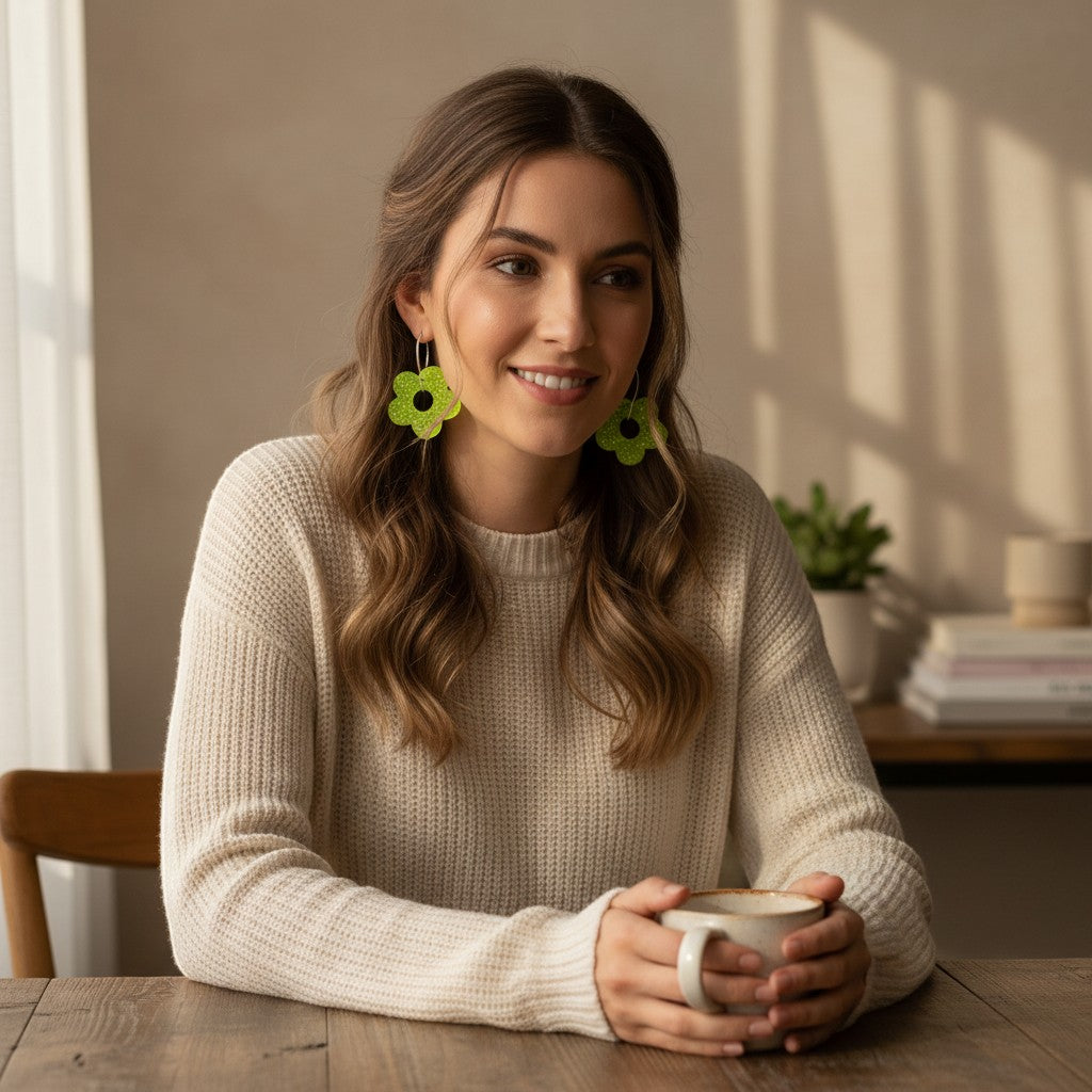 Lakelynns Designs lime green acrylic flower hoop earrings worn by a woman.