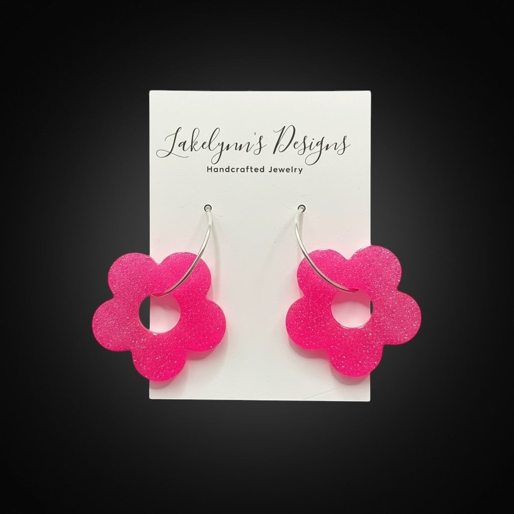 Lakelynns Designs Maelie bright pink glitter flower hoop earrings