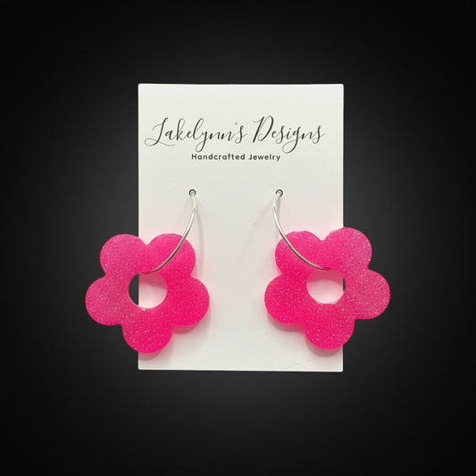 Lakelynns Designs Maelie bright pink glitter flower hoop earrings