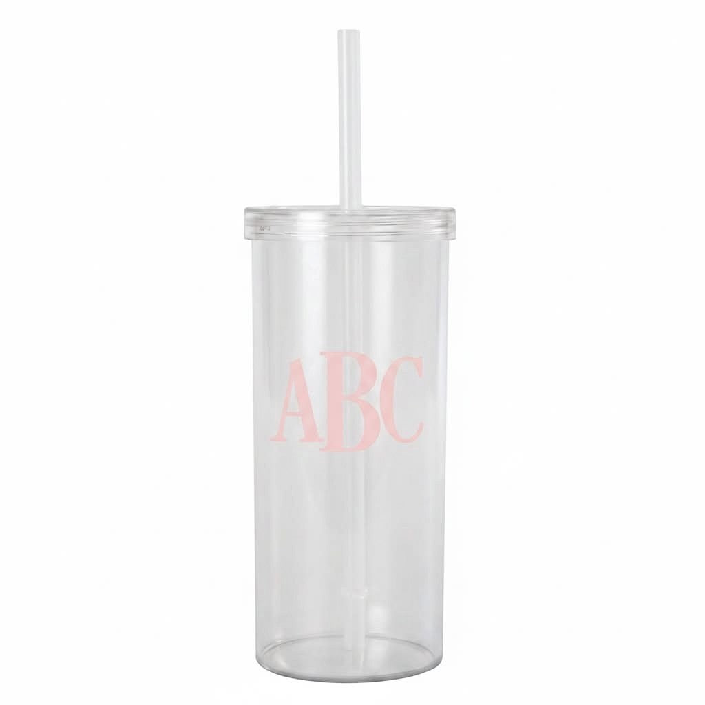 Lakelynns Designs clear acrylic tumbler with pink monogram and straw. Perfect for cold drinks.