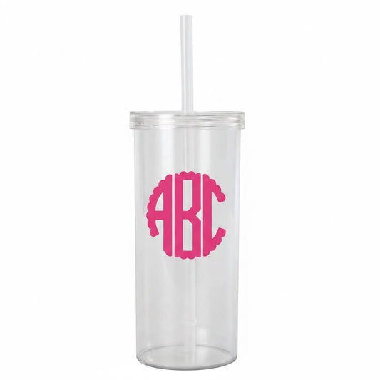 Lakelynns Designs clear acrylic tumbler with pink monogram and straw. Perfect for cold drinks.